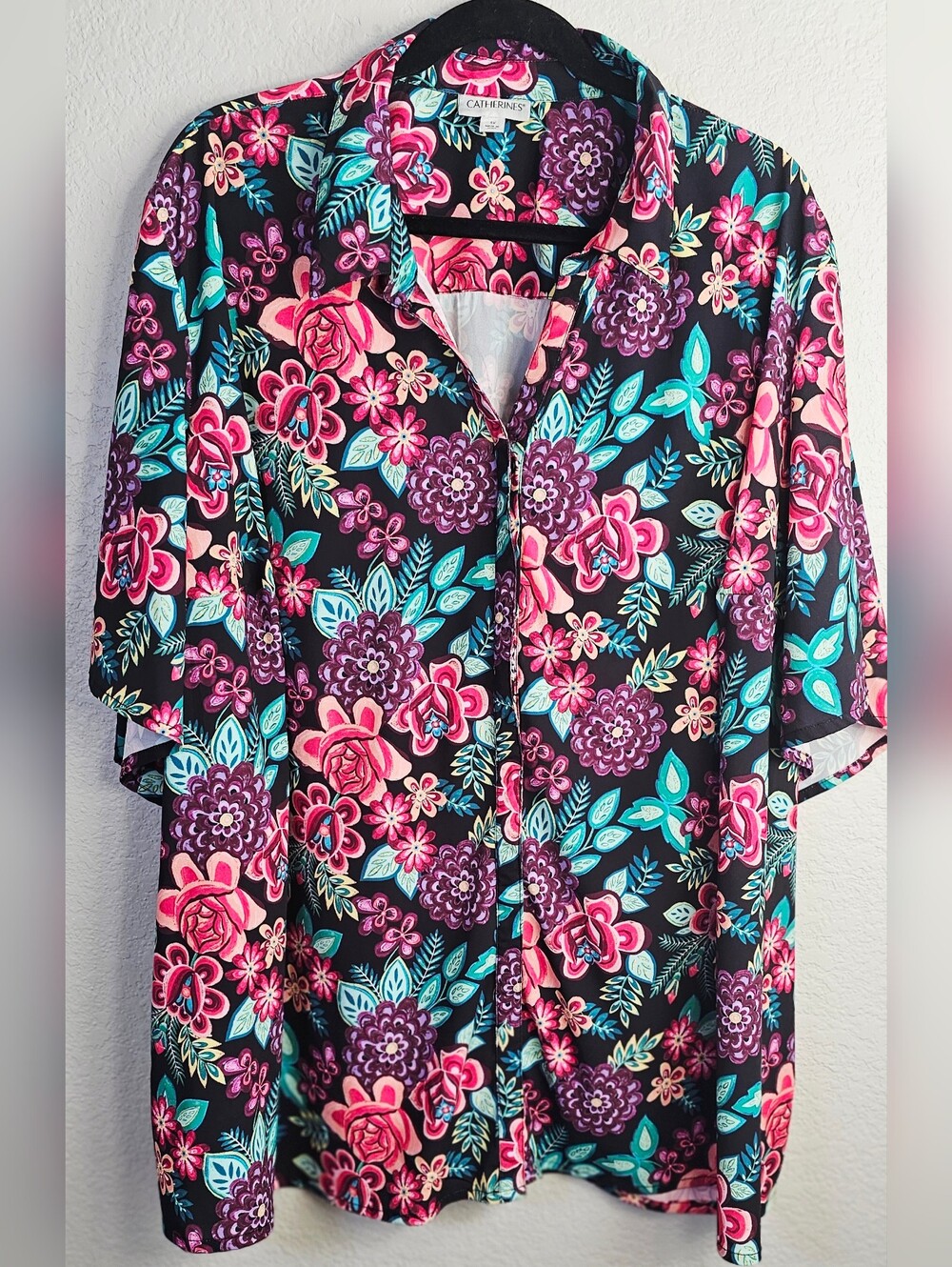Catherines 4X Floral Button Front Blouse Pink Purple Blue Plus Size Top